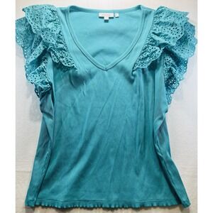 Chico's Teal Eyelet Ruffle Sleeve Women's Ribbed Cotton Top Size XL